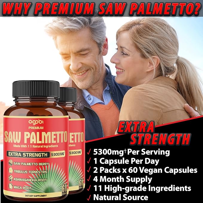 2 Packs 60 Counts 4 Months - Saw Palmetto Capsules 5300 mg - 11in1 with Ashwagandha, Turmeric, Tribulus, Maca, Green Tea, Holy Basil & More - Extract for Prostate, Skin & Immune Support