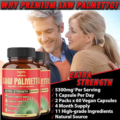 2 Packs 60 Counts 4 Months - Saw Palmetto Capsules 5300 mg - 11in1 with Ashwagandha, Turmeric, Tribulus, Maca, Green Tea, Holy Basil & More - Extract for Prostate, Skin & Immune Support