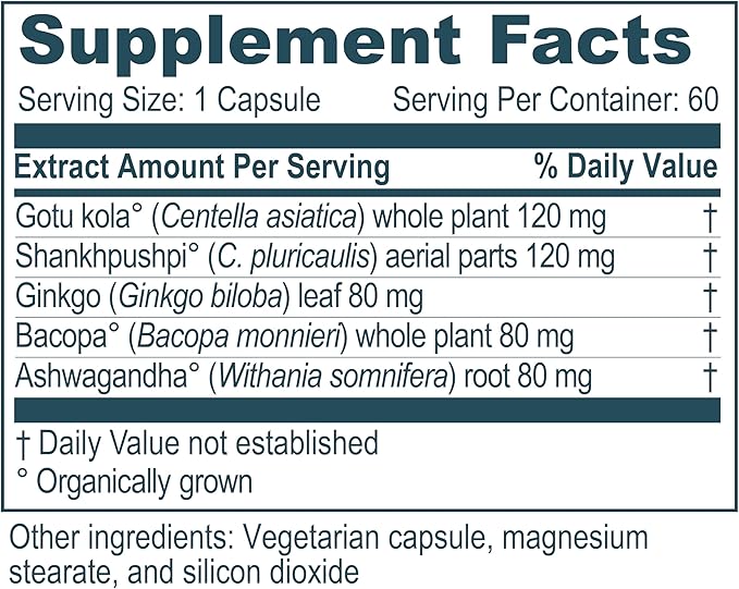 ruved Memoren, All-Natural Ayurvedic Focus and Memory Support with Ginkgo Biloba, Gotu Kola and Bacopa, Brain Health and Stress Care Supplement for Adults, 60 Vegetarian Capsules