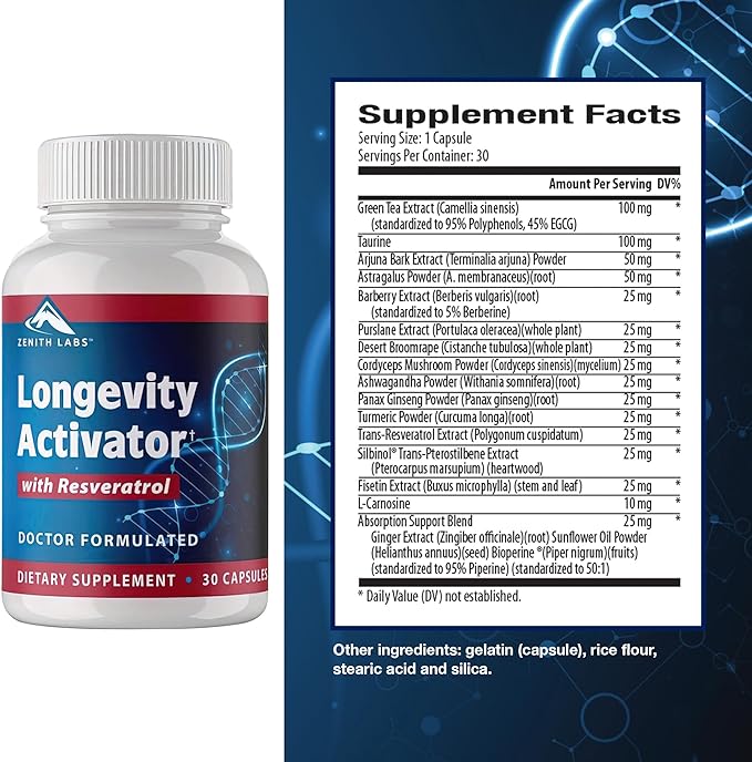 Zenith Labs Longevity Activator Anti-Aging Supplement Dietary Supplement, Natural Antioxidants with Resveratrol - Supports Immune Function and Healthy Memory, 6 Pack