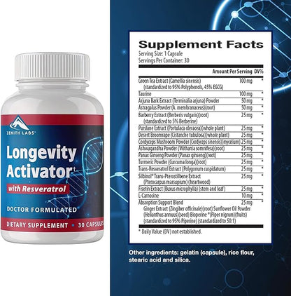 Zenith Labs Longevity Activator Anti-Aging Supplement Dietary Supplement, Natural Antioxidants with Resveratrol - Supports Immune Function and Healthy Memory