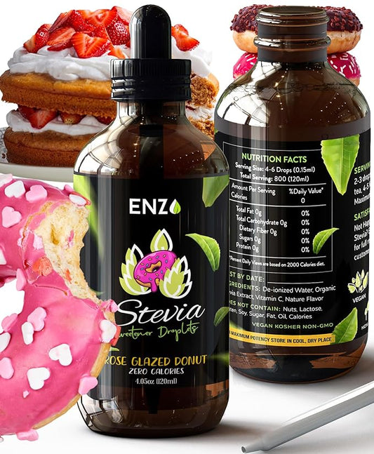 Rose Glazed Donut (4oz) Liquid Stevia Drops Bottle Our Zero Calories Sweetener (800 Servings) All Natural Hazelnut flavoring with No Artificial Additives & Filler Ingredient