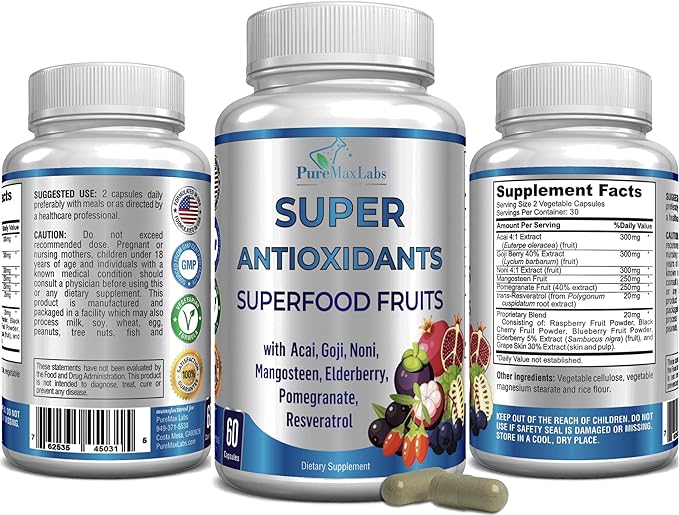 Super Antioxidant Fruit Superfood Complex - Powerful Antioxidant Superfruits, Acai, Goji, Noni, Mangosteen, Pomegranate, Elderberry, Resveratrol, Immune Support, Skin Care - 60 Capsules