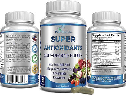 Super Antioxidant Fruit Superfood Complex - Powerful Antioxidant Superfruits, Acai, Goji, Noni, Mangosteen, Pomegranate, Elderberry, Resveratrol, Immune Support, Skin Care - 60 Capsules