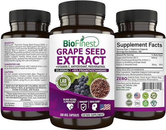 Grape Seed 20000mg Extract Supplement - Grapeseed 95% Polyphenols OPC Vitamin C Antioxidant Resveratrol - Skin Care Beauty Collagen Immune (180 Veg. Capsules)