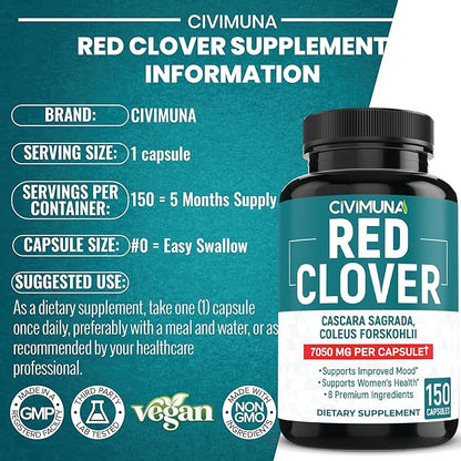 Red Clover Extract Capsules | 7050mg | 150 Capsules - 5 Months Supply | Red Clover, Cascara Sagrada Bark, Coleus Forskohlii.