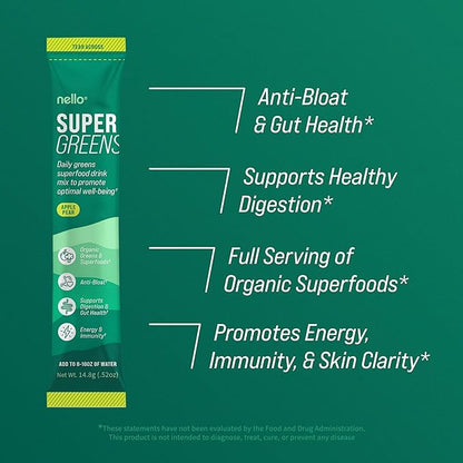 Nello Supergreens Premium Superfood Greens Drink Mix w/Chlorella, Moringa, Spinach & Broccoli + Digestive Enzymes & Probiotic Blend -Nutrient-Packed Powder Wellness (Apple Pear, 20 SRV, Travel Pack)