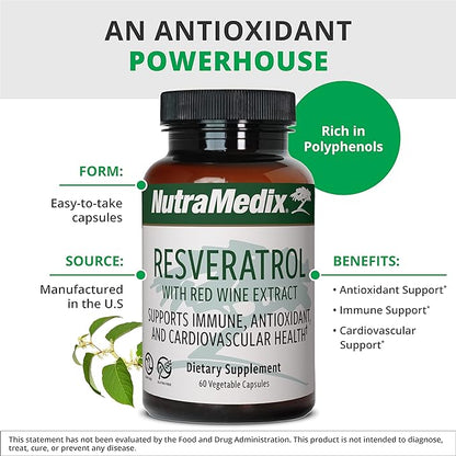 NutraMedix Resveratrol Capsules - Bioavailable Antioxidants Supplement from Red Wine Extract + Grape Skins - 200mg Japanese Knotweed for Immune & Cardiovascular Support (60 Capsules)