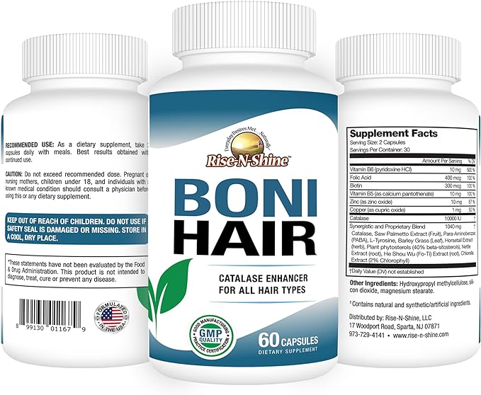 BoniHair Catalase Supplement for Vibrant, Youthful Hair Support - 10,000 IU Catalase with Saw Palmetto, Biotin, Fo-Ti, PABA - 60 Capsules