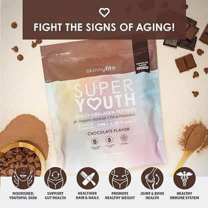 SkinnyFit Super Youth Chocolate Multi-Collagen Peptides + Probiotics, Baobab Fiber, Apple Cider Vinegar, Hyaluronic Acid, & Vitamin C, Skin, Hair, Joint & Metabolism Support, 30 Servings