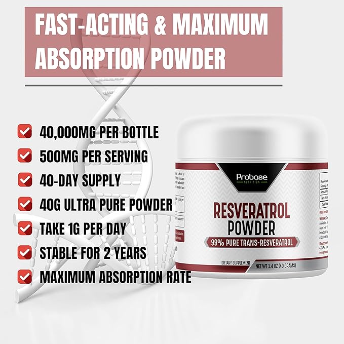 99% Micronized Trans-Resveratrol Powder - 1000mg | Pure Pharmaceutical Grade Trans-Resveratrol Powder, 40g Jar, 40-Day Supply