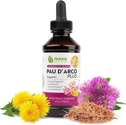 Maxx Herb PAU D’Arco Extract with Dandelion Root & Red Clover Therapeutic Blend, PAU Darco Tincture Absorbs Better Than Taheebo Tea or Capsules, for Immune Support - 4 Oz Bottle (60 Servings)