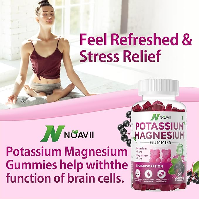 Potassium Magnesium Gummies, New Formula Calm Magnesium Glycinate Gummies, Chewable Gummy Supplements for Leg Cramps & Muscle, Elderberry Flavor 90 Count