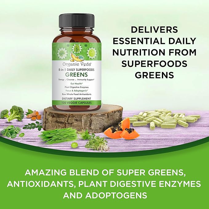 Organic Veda Super Greens Food Capsules - 30 Natural Fruit & Veggie Dietary Supplement with Moringa Leaf, Alfalfa, Turmeric, Papaya, Amla, Ashwagandha to Boosts Immunity, Gut Health - 120 Count