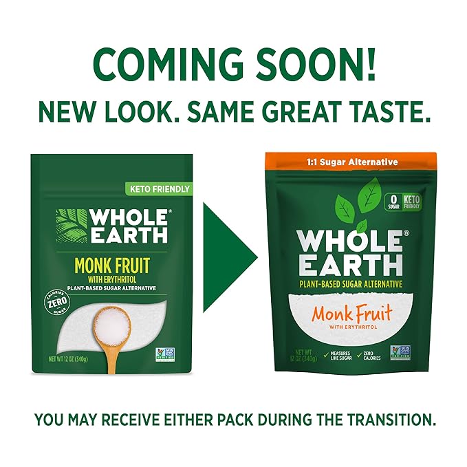 WHOLE EARTH Monk Fruit Sweetener with Erythritol, Plant-Based Sugar Alternative, 12 Ounce Pouch