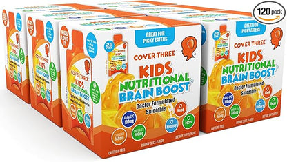 Cover Three Supplements for Kids Brain Supplement Smoothie, Omega 3 Liquid Childrens DHA Fish Oil, Health Kids Focus and Attention, Emotional Support, 20 Pouches, Pack 6