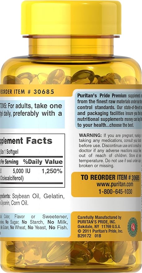 Puritan's Pride Vitamin D3 5,000 IU Bolsters Immunity for Immune System Support and Healthy Bones and Teeth Softgels, Packaging May Vary, Unflavored, 200 Count