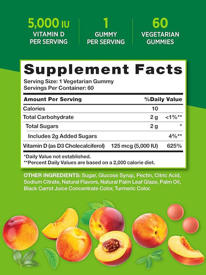 Nature's Truth Vitamin D3 Gummies | 5000 IU | 60 Count | Peach Flavor | Vegetarian, Non-GMO & Gluten Free Supplement