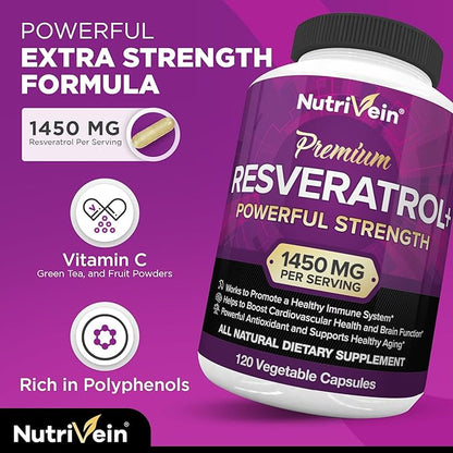 Nutrivein Resveratrol 1450mg - Antioxidant Supplement 120 Capsules – Supports Healthy Aging & Promotes Immune, Brain Boost & Joint Support - Made with Trans-Resveratrol, Green Tea Leaf, Acai Berry