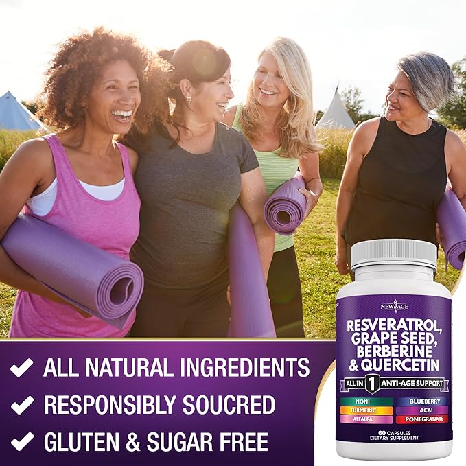 NEW AGE Resveratrol 6000mg Berberine 3000mg Grape Seed Extract 3000mg Quercetin 4000mg - Polyphenol Supplement for Women and Men with Noni Extract, N-Acetyl Cysteine, Acai Extract - 120 Capsules