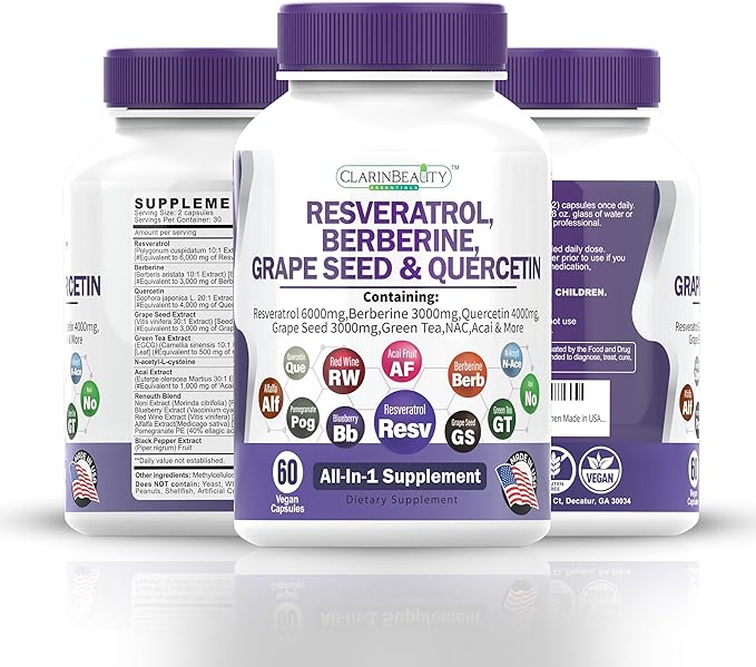 Premium Resveratrol 6000mg Berberine 3000mg Grape Seed Extract 3000mg Quercetin 4000mg Green Tea Extract 50 mg 60 Soft Capsules for Men and Women Made in USA…