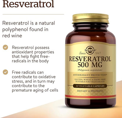 Solgar Resveratrol 500 mg, 30 Vegetable Capsules - Antioxidant Protection - Gluten Free, Dairy Free - 30 Servings