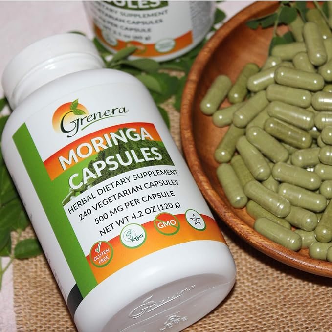 Grenera Pure Moringa Leaf Capsules | Green Super Food Supplement | Made with Organic Grown Moringa Leaf Powder, Malunggay Leaf Powder (240 Capsules)