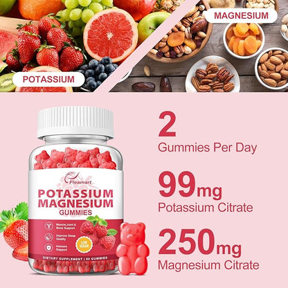 Potassium Magnesium Gummies Potassium Citrate 99mg Magnesium Citrate 250mg Magnesium Potassium Complex Supplement, Immune Support, Leg Cramps Muscle Health, 60 Raspberry Gummies