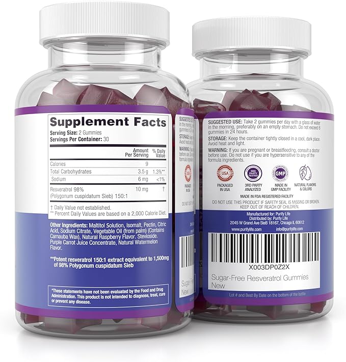 Purify Life Sugar-Free Resveratrol Gummies - Potent 1500mg Resveratrol Supplement to Support Digestive & Immune Health - Resveratrol Supplement for Antioxidant Support, Cell Regenerator & Repair