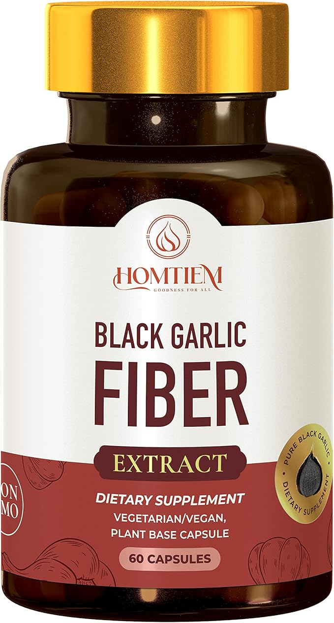 HOMTIEM 2-in-1 Black Garlic Extract Fiber 920mg 60 Capsule, High S-Allyl cysteine(SAC) Double Benefits to Enhance Your Digestive Health, Gut Health, Skin Health and Powerful Antioxidant Support