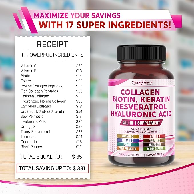 Collagen 12000mg Biotin 10,000mcg Resveratrol 3000mg Saw Palmetto 2000mg - Skin, Joint Health Support - Made in USA