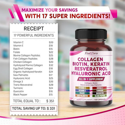 Collagen 12000mg Biotin 10,000mcg Resveratrol 3000mg Saw Palmetto 2000mg - Skin, Joint Health Support - Made in USA