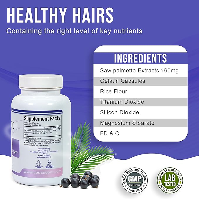 AEDC Saw Palmetto Hair Growth Supplement | Premium USA Supplement Hair Vitamins | Natural DHT Blocker for Women & Men to Help Prevent Hair Loss