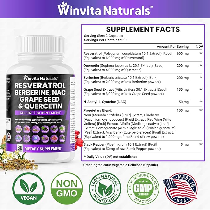 Resveratrol 6000mg Quercetin 4000mg Berberine 2000mg Grape Seed Extract 3000mg - Polyphenols Supplement for Men and Women with N-Acetyl Cysteine (NAC), Acai Berry Extract Vegan Capsules USA