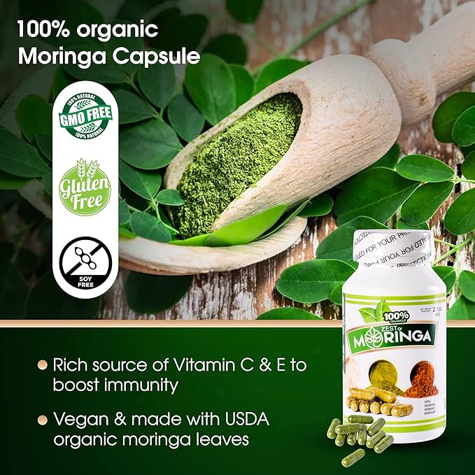 Moringa Oleifera Capsule Supplement | 100 Capsules - 500MG Made with Moringa Oleifera Leaves Roots, Seeds & Leaf Powders | Non-GMO & Gluten Free | Superfood by Zest of Moringa