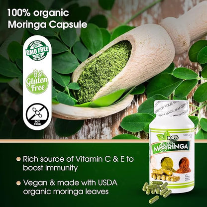 Moringa Oleifera Capsule Supplement | 100 Capsules - 500MG Made with Moringa Oleifera Leaves Roots, Seeds & Leaf Powders | Non-GMO & Gluten Free | Superfood by Zest of Moringa