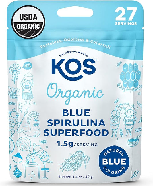 KOS USDA Organic Blue Spirulina Powder, Phycocyanin - Vegan Algae Superfood - Natural Food Coloring for Smoothies & Protein Drinks, Plant Based, Non GMO - 27 Servings