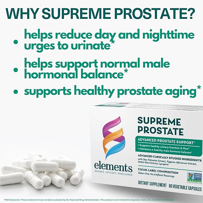 Elements Supreme Prostate, 60 Capsules (30 Day Supply), Advanced Prostate Support Supplement, Supports Healthy Urinary Flow and Function, Gluten Free, Non- GMO Certified