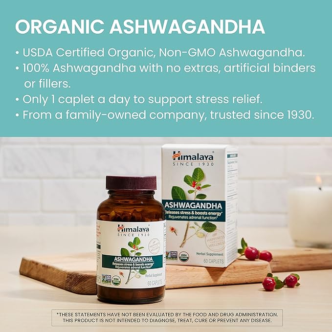 Himalaya Organic Ashwagandha, 120 Day Supply, Herbal Supplement for Stress Relief, Energy Support, Occasional Sleeplessness, USDA Organic, Non-GMO, Vegan, Gluten Free, 670 mg, 60 Caplets, 2 Pack