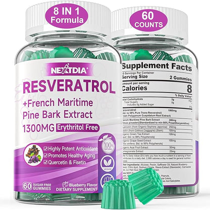 Resveratrol Supplement 1000mg - Sugar Free Resveratrol Gummies w/Pine Bark Extract, Quercetin, Fisetin & Grape Seed for Antioxidant, Heart, Healthy Aging & Brain, 98% Pure Trans Resveratrol, 60 Cts