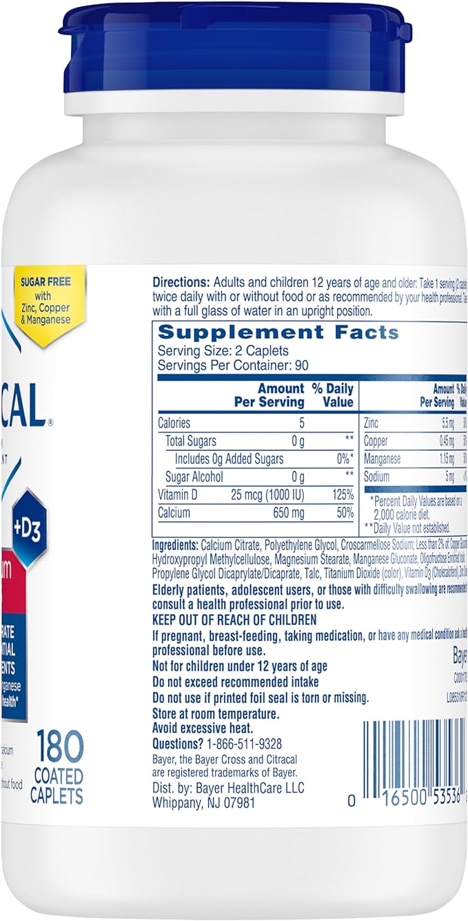 Citracal Maximum Plus, 650 mg Calcium Citrate, easily absorbed and highly soluble with 25 mcg (1000 IU) Vitamin D3, Bone Health Support, Calcium Supplement for Ages 12+, 180 Count