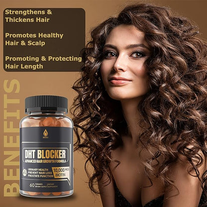 DHT Blocker Gummies Hair Growth Supplement, Super Potency Saw Palmetto & Biotin 10000 mcg for Women & Men, Plus 12 Proprietary Blend - Prevent Hair Loss, Blocking DHT Receptors, Hormonal Balance