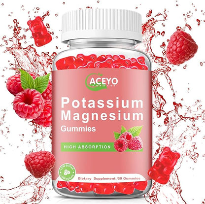 Potassium Magnesium Gummies for Adult Kids High Absorption Leg Cramps & Muscle Health Immune Health Raspberry Magnesium Gummies Chewable Gummy Supplement Vegan Non-GMO