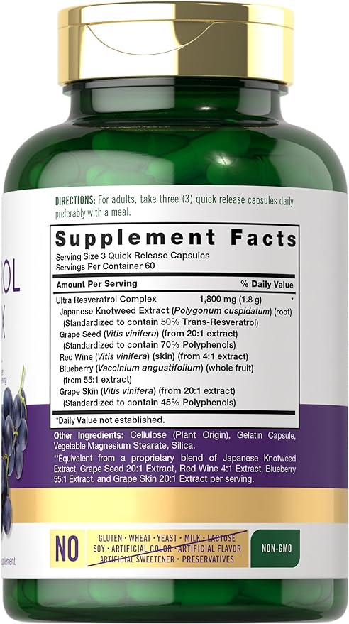 Carlyle Resveratrol Supplement 1800mg | 180 Capsules | Non-GMO & Gluten Free | Potent Complex