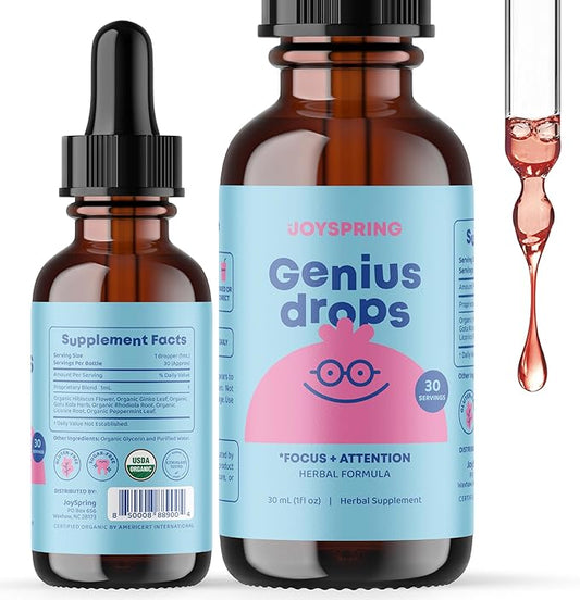 JoySpring Genius Drops - Organic Focus Drops for Kids | Clinically Proven Focus Supplement Helps Kids Perform Better in School | Liquid Herbal Focus Supplement for Kids with Ginkgo Biloba