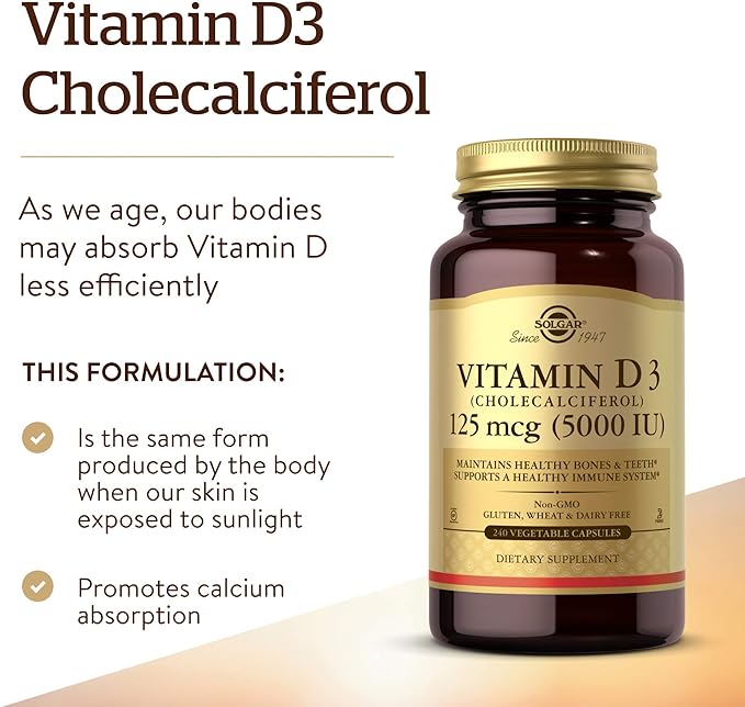 Solgar Vitamin D3 (Cholecalciferol) 125 mcg (5000 IU), 240 Vegetable Capsules - Helps Maintain Healthy Bones & Teeth - Immune System Support - Non-GMO, Gluten Free, Dairy Free, Kosher - 240 Servings