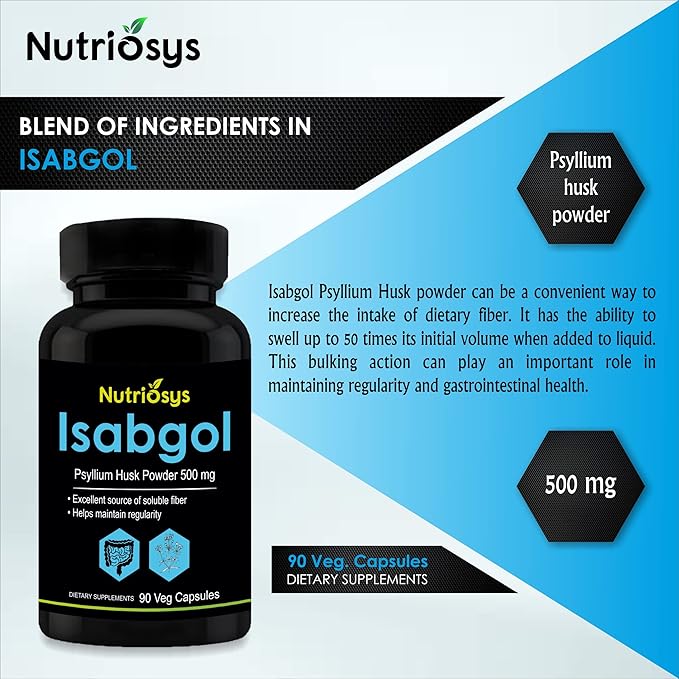 Isabgol Psyllium Husk 500mg Supplement, Excellent Source of Soluble Fiber, 90 Veg Capsules