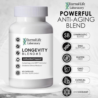 Longevity Blend #3 Antioxidant Support - Resveratrol, SIRT1 & Autophagy Supplement, AMPK Activator, Fisetin, Pterostilbene, Spermidine, Anti-Aging Supplement- 30 Capsules