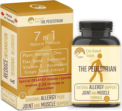 The Pedestrian - Joint & Muscle Support - Natural Allergy Relief for Adults - 7 Natural Ingredients - Plant Sterols Bromelain Zinc Vitamin E Selenium Flax Seed GrapeSeed