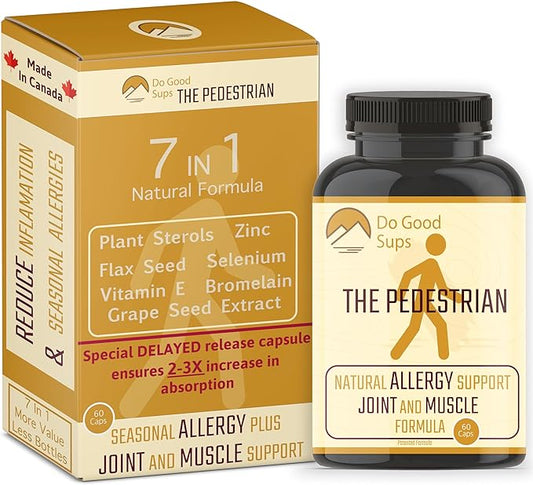 The Pedestrian - Joint & Muscle Support - Natural Allergy Relief for Adults - 7 Natural Ingredients - Plant Sterols Bromelain Zinc Vitamin E Selenium Flax Seed GrapeSeed